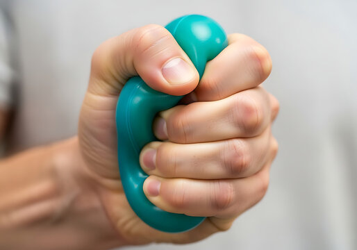 Hand squeezing a teal stress relief ball