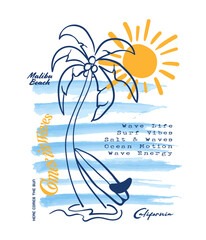 Naklejka premium Hand Drawn palm tree drawing with surfboard. water color brush line wave stripe. kid's graphic tee. boys t-shirt design. tropical summer print design. 