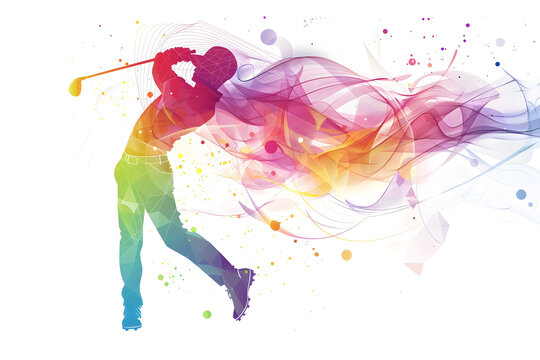 Golfer swings club amidst vibrant, abstract, colorful energy.