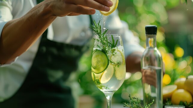 Server squeezing lemon over gin cocktail at outdoor bar