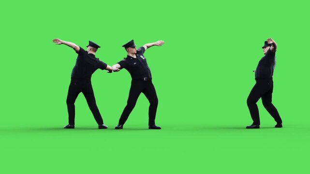 policewoman dances funny. Green screen isolate.