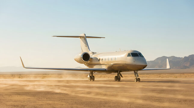 Business jet parked on a remote desert airstrip, showcasing private aviation access, charter flights, and executive travel transportation