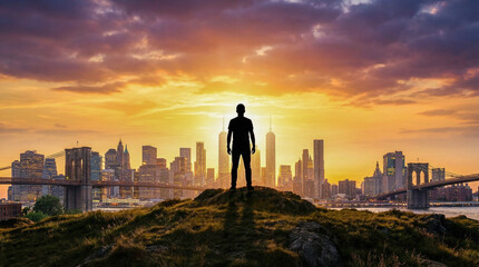 Fototapeta premium Silueta de una persona observando la ciudad desde una colina al atardecer. Concepto de inspiración, metas y visión del futuro.