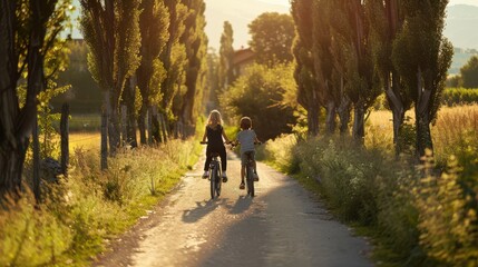Two people biking along poplar lined country road at dusk