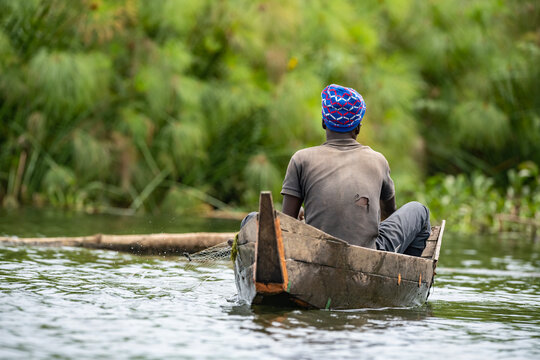 Local fisherman paddling a wooden canoe on a calm wetland lake (lake Victoria) near Entebbe, Uganda. Traditional fishing scene surrounded by lush green vegetation in East African nature.