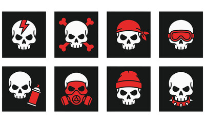 Fototapeta premium Skull icons with varied expressions on black background