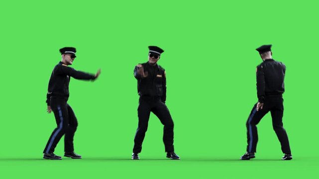 policewoman dances funny. Green screen isolate.