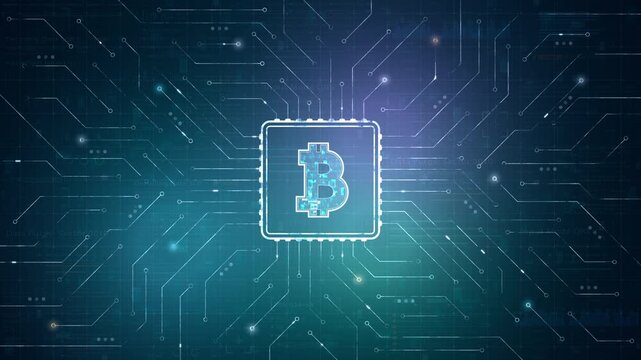 Motion graphic of a cryptocurrency symbol on a microchip with glowing circuit lines, illustrating blockchain finance, digital assets and secure fintech infrastructure for tech branding.