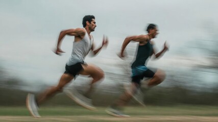 Two athletes sprinting outdoors, showing speed and dedication in a competitive race with dynamic motion blur