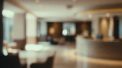Blurred background of a modern hotel lobby or office reception area, providing abstract space and bokeh light
