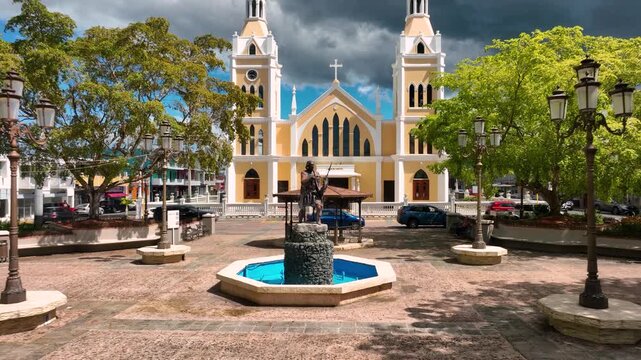 Drone Video of the Town Square, fountain and San Francisco de Asís Church, Aguada , PR.