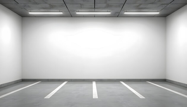 An empty parking garage with white walls and marked spaces