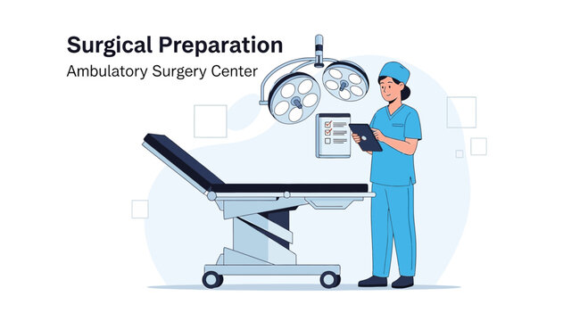 Surgical Preparation in Ambulatory Surgery Center: Doctor with Tablet Near Operating Table