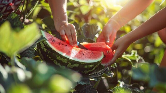 Hands cutting ripe watermelon in leafy garden patch