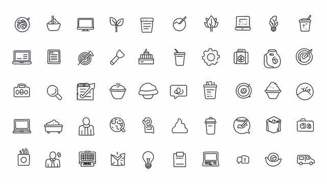 Business nature and food mix icons hand-drawn doodle animation 4k with alpha channel on transparent background.