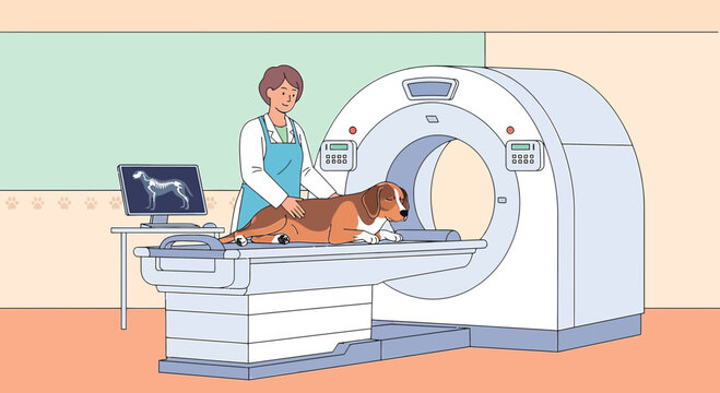 Veterinarian performing CT scan on dog in modern clinic, diagnostic imaging, pet care