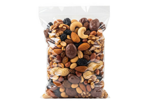 Assorted crunchy nuts in a clear plastic bag for snacking or baking purposes