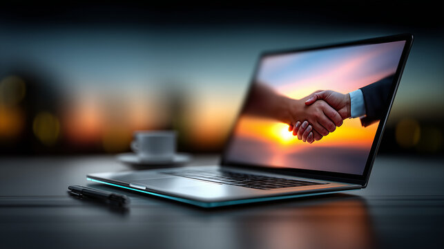 Laptop on Desk with Term Sheet Screen and Investor Founder Handshake Blurred Background

