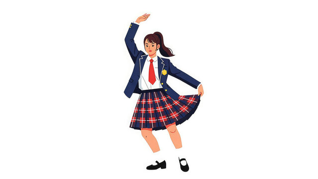 A cartoon schoolgirl in uniform dancing with joy and freedom