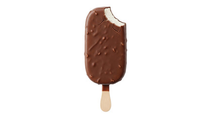Fototapeta premium Chocolate ice cream bar with nuts isolated PNG, delicious frozen dessert on a stick with a bite taken out on transparent background