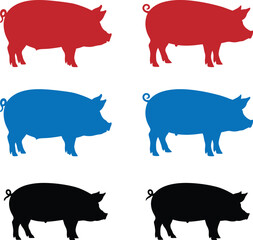 Three pairs of stylized pigs in different colors standing side by side © Raton