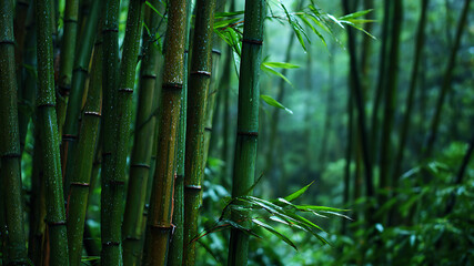 Obraz premium Vibrant green bamboo forest with glistening water droplets on stalks, creating a serene natural background