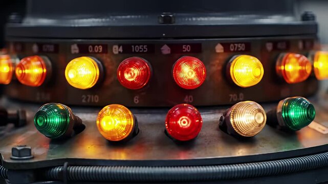 Close-up of industrial machine panel with lights of various colors and numeric labels