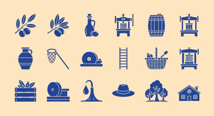 Olive Harvest and Oil Production Icons Set © masiku