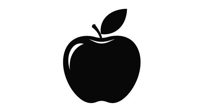 A simple black silhouette of a ripe apple with a single leaf