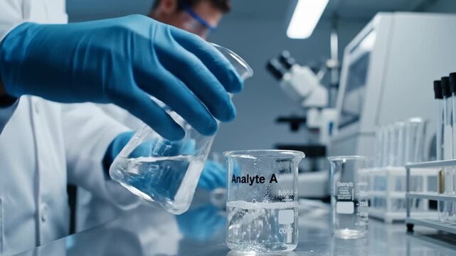 Two scientists pouring liquids into glasses while analyzing samples in a lab. Clean and organized lab environment with equipment in view. Concept of research, chemistry, laboratory services