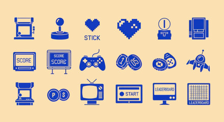 Retro Pixel Art Video Game Icons: Joystick, Controller, Arcade Machine, Scoreboard, Heart © masiku