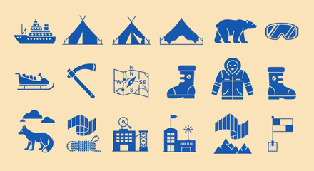 Arctic Expedition Icons: Polar Bear, Tent, Ship, Map, Sledge, Gear © masiku