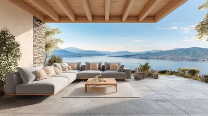 Fototapeta premium Modern outdoor living space with scenic lake view and comfortable seating