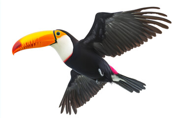 Fototapeta premium Toco toucan bird flying mid-air with spread wings isolated on white