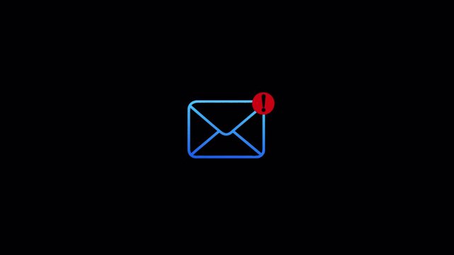 Email Notification Alert  with  Exclamation Mark for Important Message or Warning. notification alert animation icon in 4K on black background 