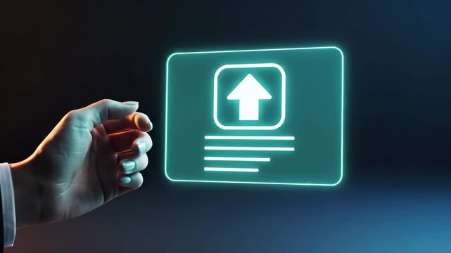 Fist gestures beside a glowing holographic upload with upward arrow and document lines. Digital file transfer, cloud, and data submission technology concept.