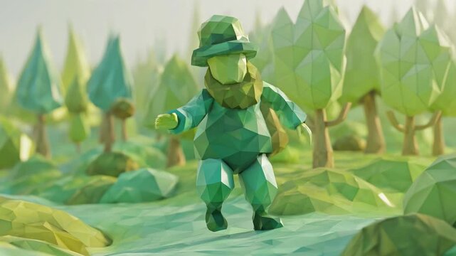 Whimsical Low-Poly Leprechaun Dancing in a Green Fantasy Landscape for St. Patrick s Day Celebration