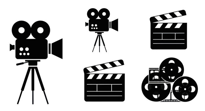 Film Camera Clapperboard Movie Film Reels Equipment.