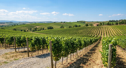 Rolling Vineyard Landscape with Farmhouse and Cypress Trees