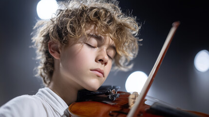 Fototapeta premium Focused portrait of a 16 years old teenager playing violin on stage, eyes closed in emotional performance, instrument in sharp focus with bow on strings, concert hall background softly blurred, dramat