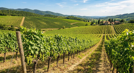Rolling Vineyard Landscape with Farmhouse and Cypress Trees