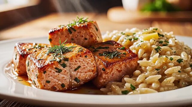 Deliciously plated salmon fillets paired with a side of orzo, a culinary masterpiece