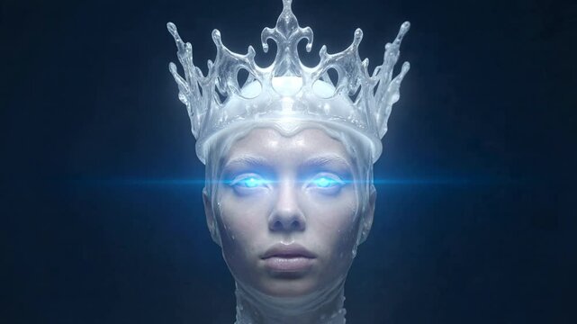 Ethereal woman wearing frozen, ice crown opening glowing blue eyes. Surreal portrait of winter queen