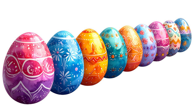 Row of Colorful Hand Painted Easter Eggs with Unique Patterns Arranged Neatly on a white background