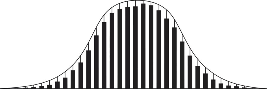 A clean graphic design sheet featuring a normal distribution curve visualized with bars representing data frequency