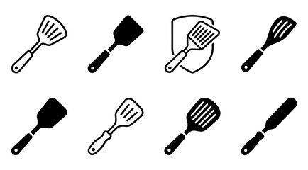 A set of eight kitchen utensils including various spatulas and scrapers in black and white illustrations, arranged on a clean white background, ideal for cooking and recipe illustrations. © md