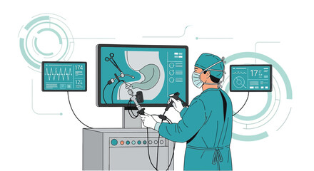 Surgeon Performing Laparoscopic Surgery with Robotic Assistance and Advanced Medical Displays