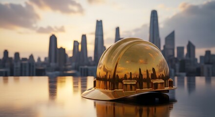 Obraz premium Golden Construction Helmet with City Skyline Labor Day Worker Concept