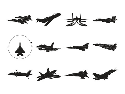 Modern military fighter jet silhouettes collection including combat aircraft vector set for airforce aviation design bundle pack kit aerospace defense