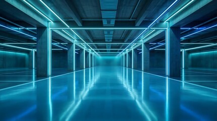 Fototapeta premium Futuristic Underground Passage with Neon Blue Lights